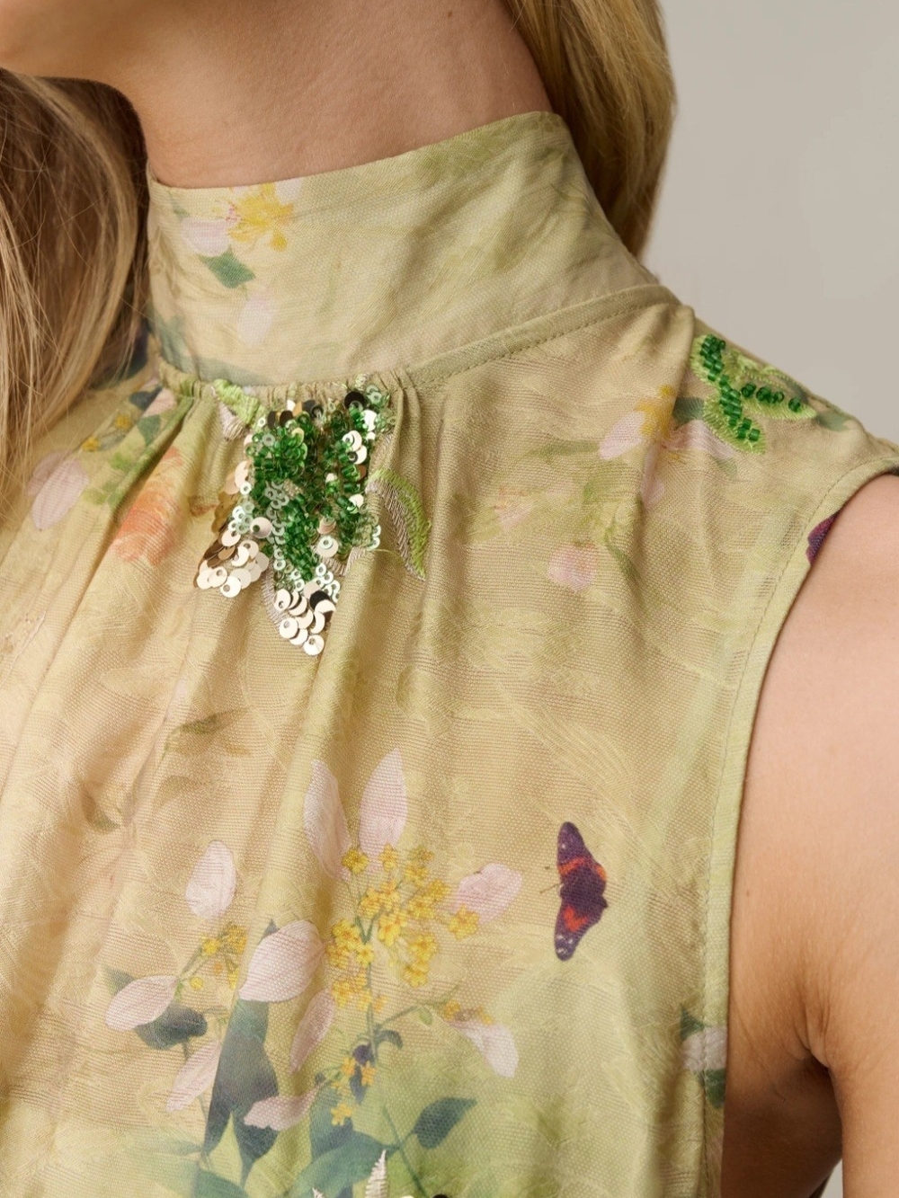 Few Moda O.P.T. High-Neck Floral Maxi Dress in Soft Green With Floral Beading - Picture 3 of 8